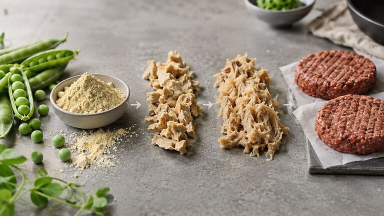 Fresh peas in their pods beside a bowl of pea protein powder, then pieces of textured plant protein, shredded plant protein fibers and two raw plant-based burger patties on parchment, laid out left to right on grey stone