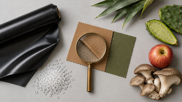Flat lay of a roll of black synthetic leather, clear plastic pellets, tan and olive material swatches under a magnifying glass, pineapple leaves, cactus pads, an apple and mushrooms on a pale grey surface