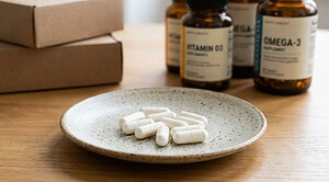 Five white capsules on a speckled ceramic plate on a wooden table, with amber supplement bottles and kraft boxes behind them