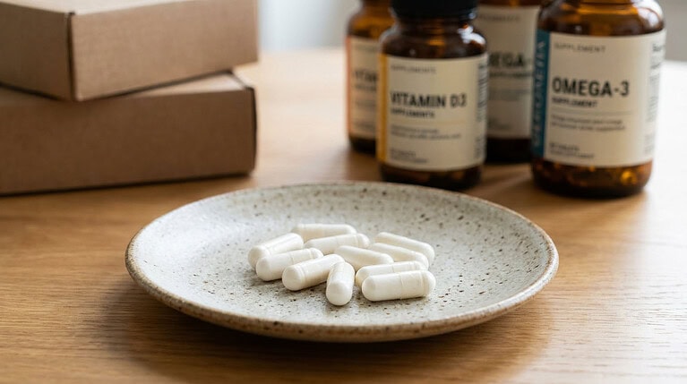Five white capsules on a speckled ceramic plate on a wooden table, with amber supplement bottles and kraft boxes behind them