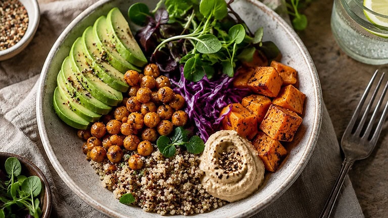 A grain bowl of sliced avocado, roasted chickpeas, quinoa, shredded red cabbage, roasted sweet potato cubes and a swirl of creamy dip, with a fork and a glass of water with lime beside it