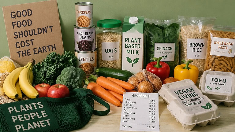 Budget vegan groceries on a counter: canned chickpeas, black beans and lentils, oats, plant-based milk, spinach, brown rice, pasta, tofu and fresh produce, with a mesh shopping bag and a short grocery receipt.
