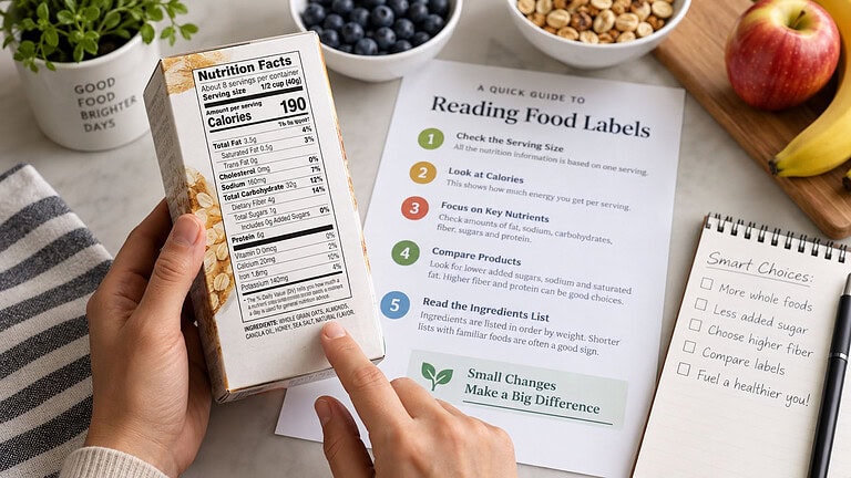 Hands holding a cereal box with its nutrition facts panel next to a printed quick guide to reading food labels, with blueberries, nuts, an apple and a notepad on a kitchen counter