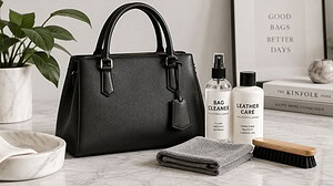 A black synthetic leather handbag on a marble counter beside an unbranded spray bottle and lotion bottle, a gray microfiber cloth, a wooden brush, a potted plant and a stack of books