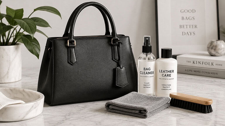 A black synthetic leather handbag on a marble counter beside an unbranded spray bottle and lotion bottle, a gray microfiber cloth, a wooden brush, a potted plant and a stack of books