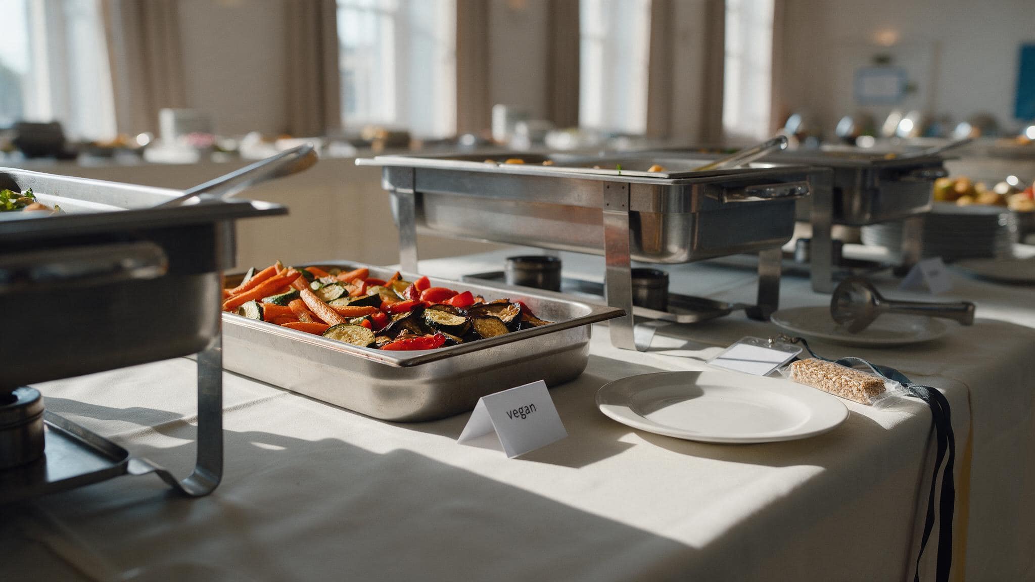 A buffet table with steel chafing dishes, where a small folded card reading "vegan" stands before a tray of roasted vegetables, with a plate, a lanyard and a wrapped snack bar at the table's edge.