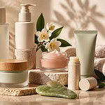 Unlabeled skincare on pale stone: cream tubes, a dropper bottle of golden oil, a pump bottle, jars of white and pink cream and a lip balm stick, with green leaves and white flowers
