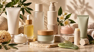 Unlabeled skincare on pale stone: cream tubes, a dropper bottle of golden oil, a pump bottle, jars of white and pink cream and a lip balm stick, with green leaves and white flowers