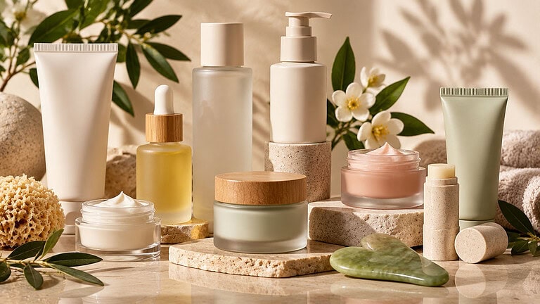 Unlabeled skincare on pale stone: cream tubes, a dropper bottle of golden oil, a pump bottle, jars of white and pink cream and a lip balm stick, with green leaves and white flowers