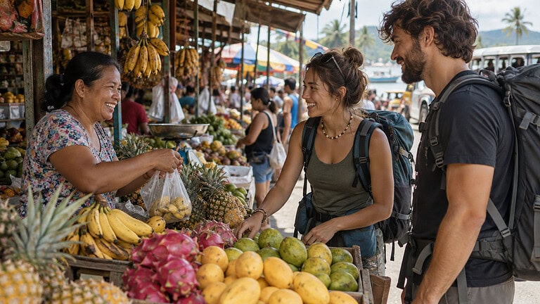 Two backpackers buying fruit from a smiling vendor at an outdoor market stall piled with bananas, pineapples, dragon fruit and papayas
