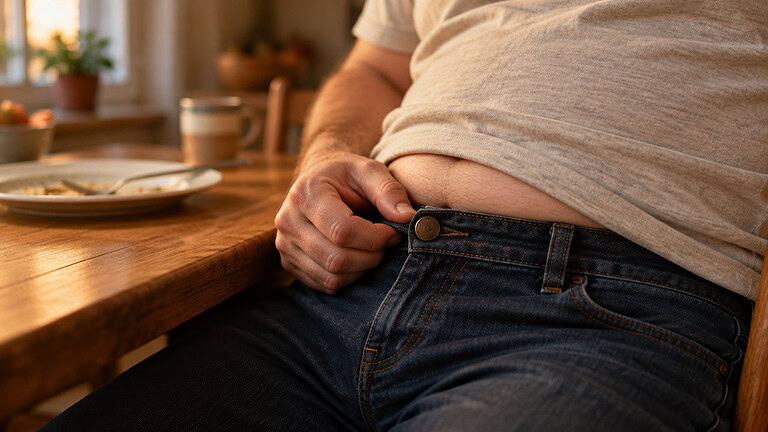 A man sitting at a kitchen table after a meal, undoing the top button of his jeans