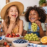 Four smiling children at an outdoor table eating watermelon, strawberries, green grapes and orange slices, with bowls of berries, a pineapple and bananas in front of them.