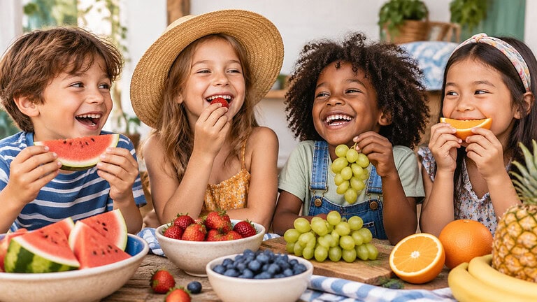 Four smiling children at an outdoor table eating watermelon, strawberries, green grapes and orange slices, with bowls of berries, a pineapple and bananas in front of them.
