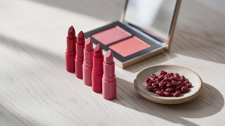 Five red and pink lipsticks and an open eyeshadow palette on a pale oak tabletop, next to a small stoneware dish of dark red dried cochineal insects in soft morning light.