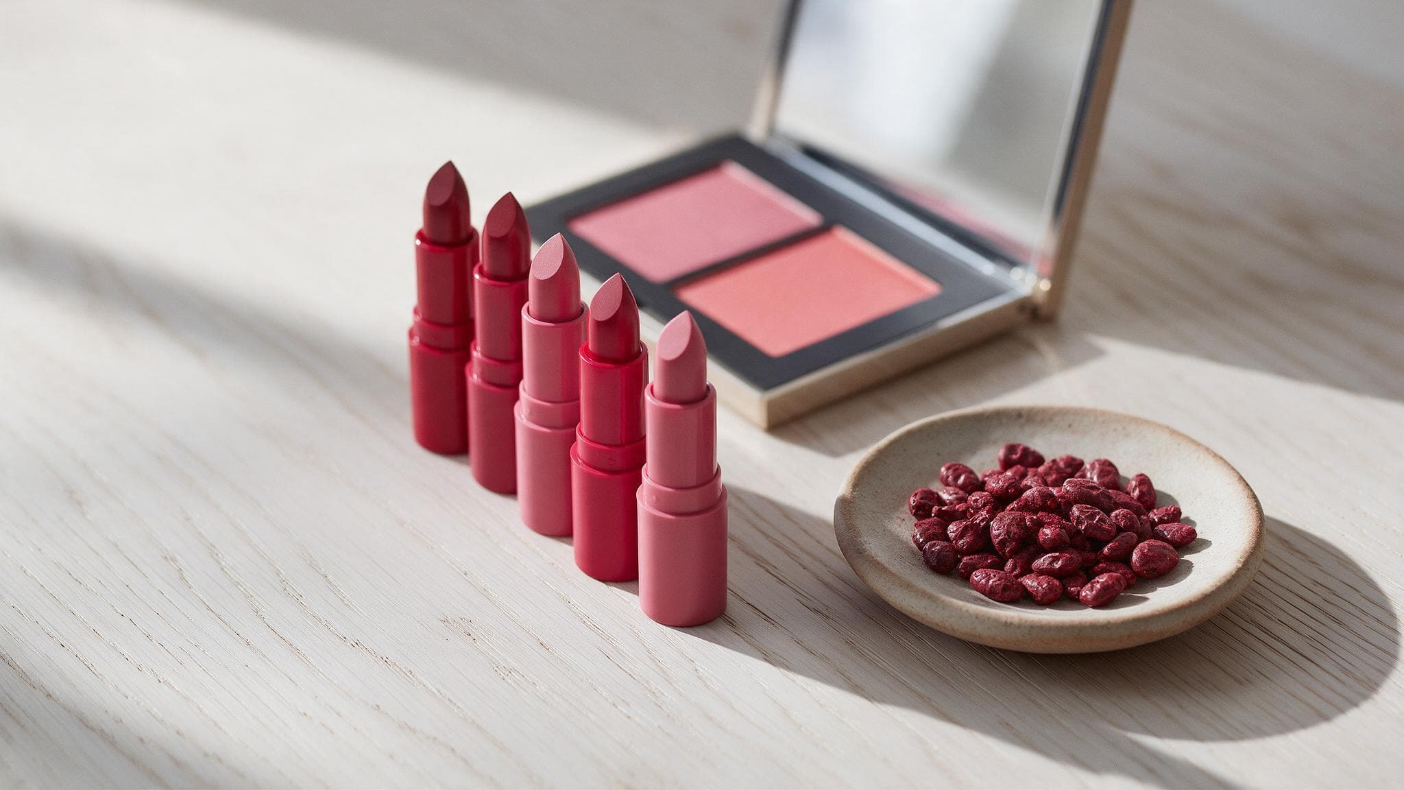 Five red and pink lipsticks and an open eyeshadow palette on a pale oak tabletop, next to a small stoneware dish of dark red dried cochineal insects in soft morning light.