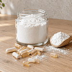 A glass jar of white powder with a wooden scoop and a small pile of empty capsules on a pale oak kitchen counter, in soft daylight.