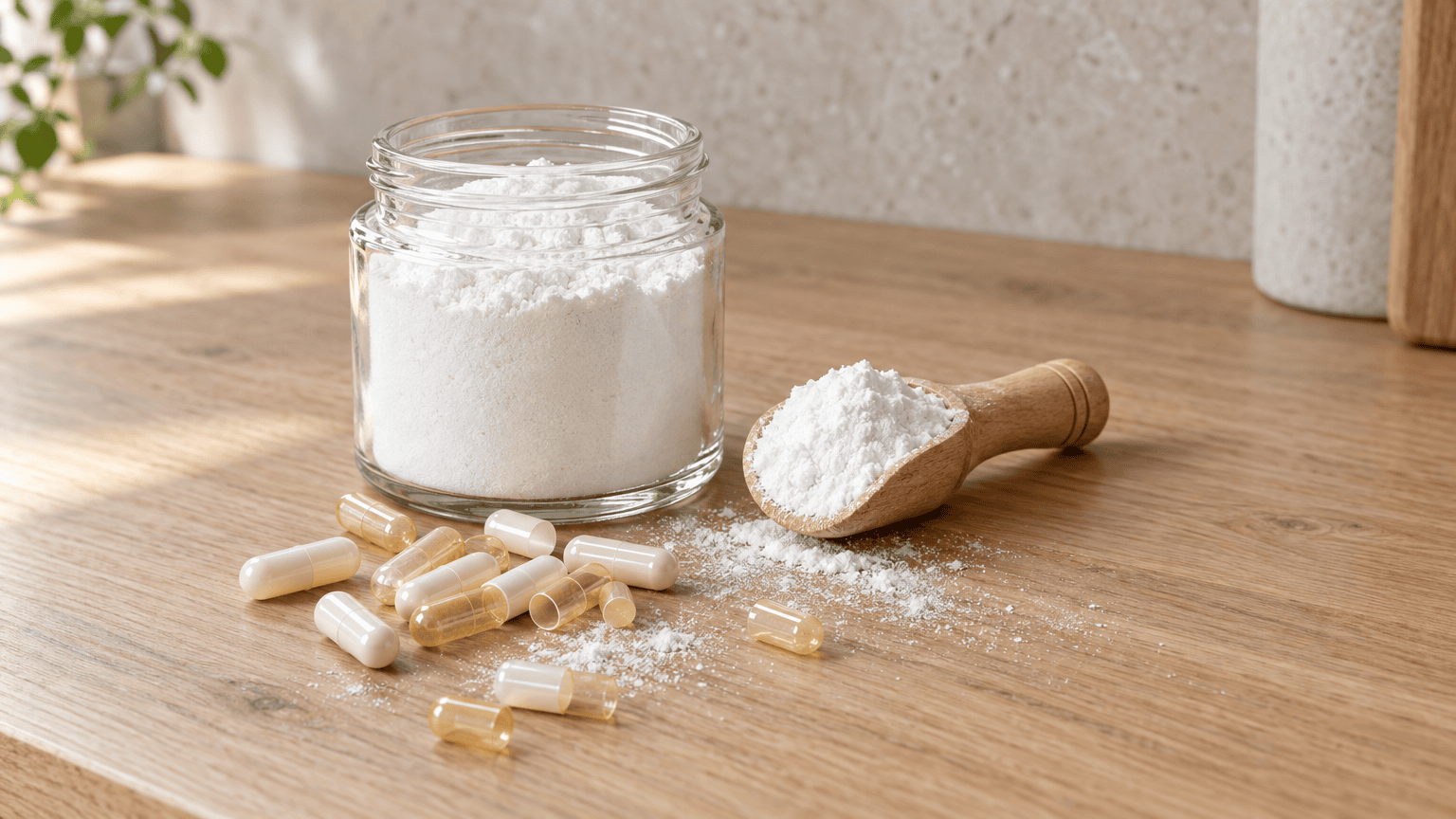 A glass jar of white powder with a wooden scoop and a small pile of empty capsules on a pale oak kitchen counter, in soft daylight.