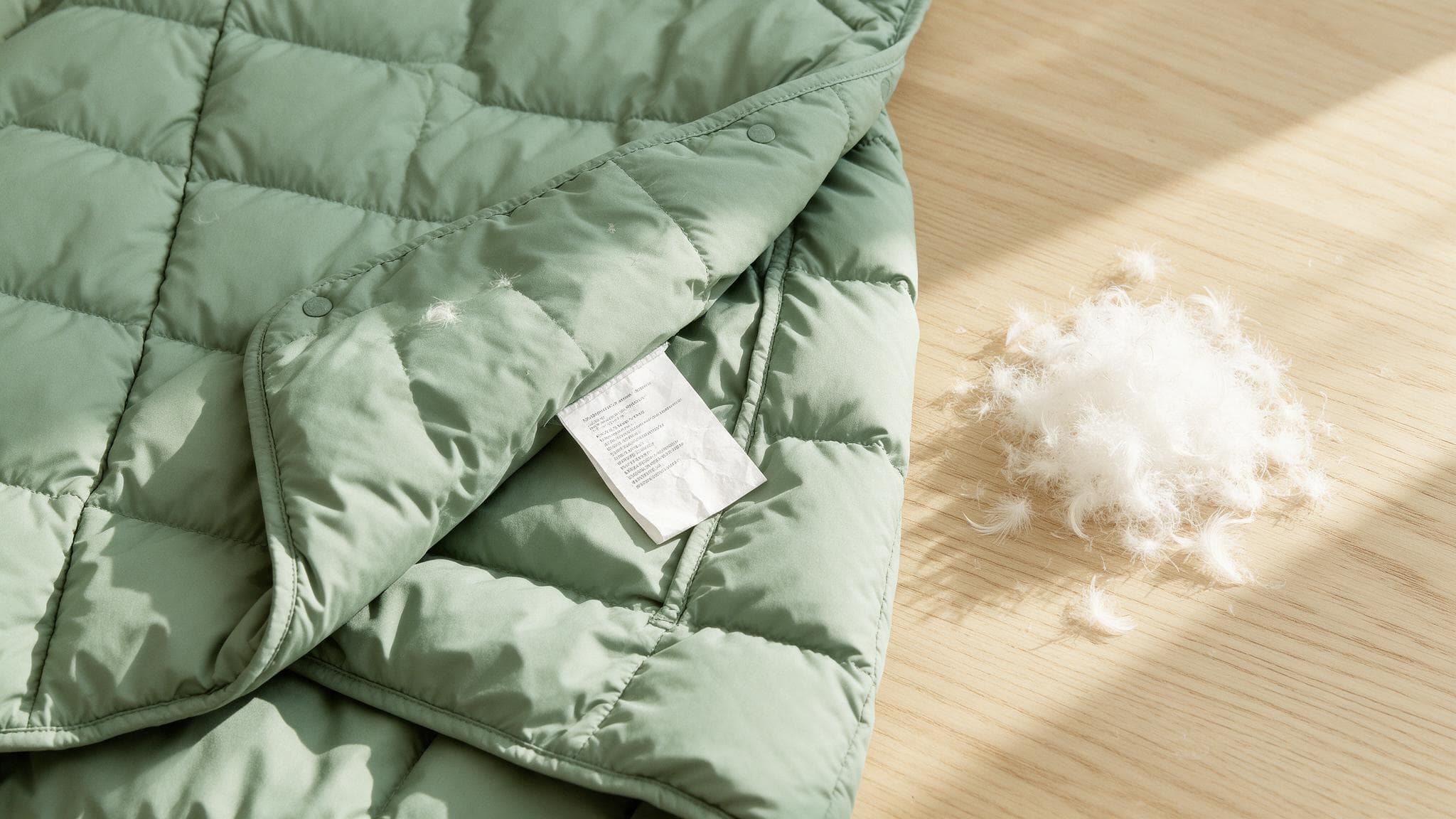 A sage green puffer jacket lies flat on a pale oak table with its inside care label folded out, beside a small loose pile of white goose down feathers.