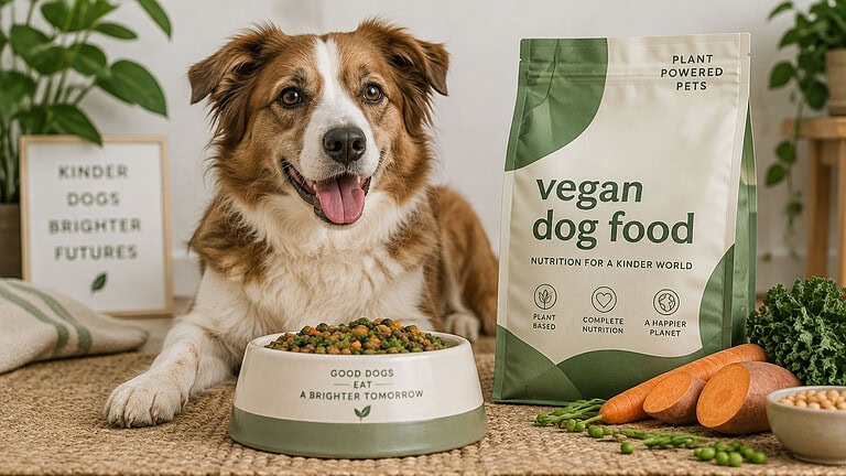 A brown and white dog lying beside a bowl of mixed kibble, with a bag of vegan dog food, carrots, sweet potato, peas and kale on a woven mat