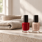 Three nail polish bottles, red, pearly nude and holographic silver, stand in a row on a pale stone bathroom shelf, with the nude bottle's small ingredient label facing the viewer.