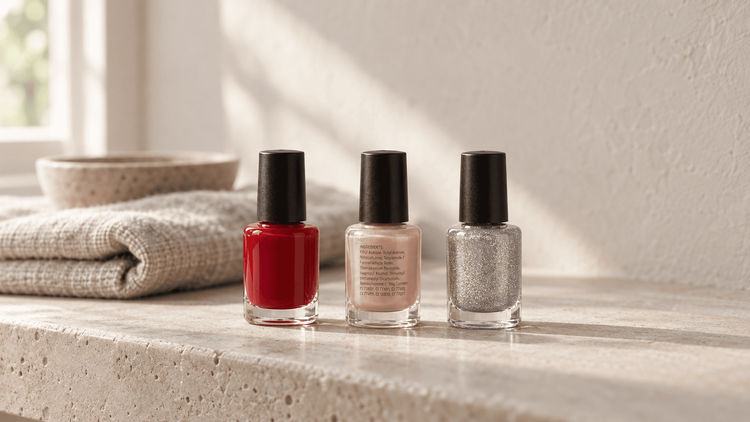 Three nail polish bottles, red, pearly nude and holographic silver, stand in a row on a pale stone bathroom shelf, with the nude bottle's small ingredient label facing the viewer.