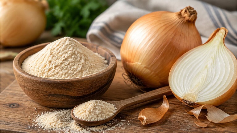 Onion powder heaped in a wooden bowl and on a wooden spoon, beside a whole yellow onion and a halved onion with onion skins on a wooden board