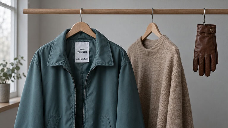A blue-green zip jacket with a 100% polyester label, a beige knit sweater and a brown leather glove hanging on a wooden rail against a pale wall