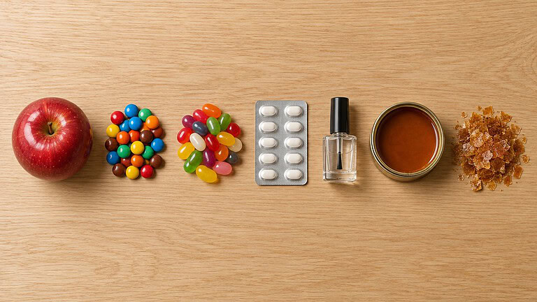 A red apple, colorful candy-coated chocolates, jelly beans, a blister pack of white tablets, a clear nail polish bottle, a tin of amber varnish and a heap of shellac flakes in a row on light wood
