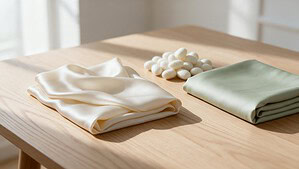 A folded ivory silk scarf sits on a pale oak table next to a pile of oval silk cocoons and a neat stack of sage green bamboo lyocell pillowcases in soft morning light.