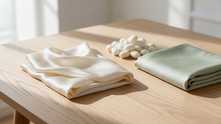 A folded ivory silk scarf sits on a pale oak table next to a pile of oval silk cocoons and a neat stack of sage green bamboo lyocell pillowcases in soft morning light.