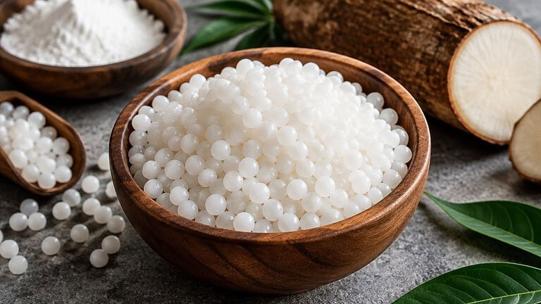 A wooden bowl of white tapioca pearls beside a bowl of tapioca flour and a halved cassava root on grey stone