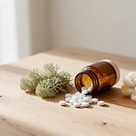 An amber supplement bottle lies on its side on a pale oak table with a few white tablets spilled beside it, a clump of pale green reindeer lichen on the left and a tuft of cream sheep's wool on the right.