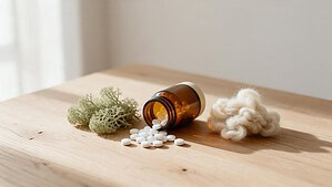 An amber supplement bottle lies on its side on a pale oak table with a few white tablets spilled beside it, a clump of pale green reindeer lichen on the left and a tuft of cream sheep's wool on the right.