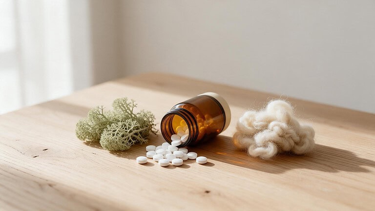 An amber supplement bottle lies on its side on a pale oak table with a few white tablets spilled beside it, a clump of pale green reindeer lichen on the left and a tuft of cream sheep's wool on the right.