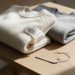 A folded cream knit sweater with its care label turned outward lies on a pale oak table beside a folded gray acrylic sweater and a kraft hang tag lying face up.