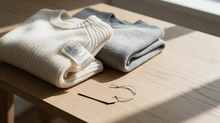 A folded cream knit sweater with its care label turned outward lies on a pale oak table beside a folded gray acrylic sweater and a kraft hang tag lying face up.