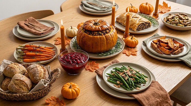 A Thanksgiving table set with a stuffed roasted pumpkin at the center, a sliced pastry-wrapped roast behind it, green beans with almonds, roasted carrots, sweet potato wedges, Brussels sprouts, cranberry sauce, a basket of rolls, small pumpkins and lit candles on a wooden table
