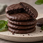 A stack of chocolate-coated mint cookies on a speckled stoneware plate, the top cookie broken to show its dark crumb, with fresh mint sprigs beside it.