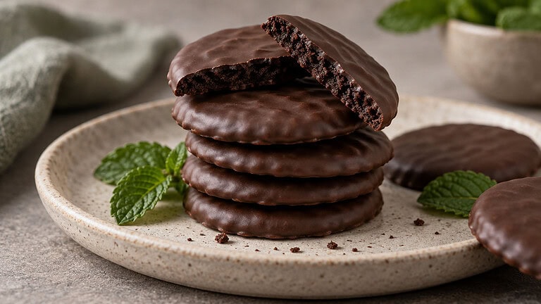 A stack of chocolate-coated mint cookies on a speckled stoneware plate, the top cookie broken to show its dark crumb, with fresh mint sprigs beside it.