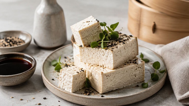 Stacked blocks of firm tofu topped with black sesame seeds and microgreens on a pale stoneware plate, beside small bowls of dark dipping sauce and sesame seeds
