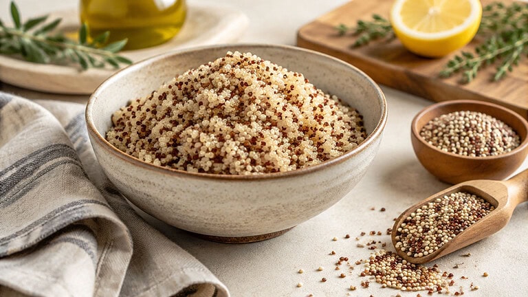Dry white quinoa in a terracotta bowl beside a wooden spoon of grains, a small glass dish of quinoa and a linen cloth on a pale table