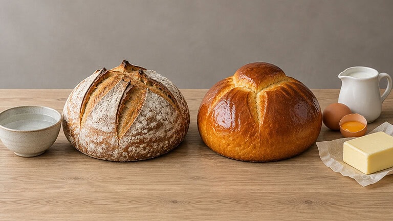 A flour-dusted round loaf with a bowl of water beside it, next to a glossy golden loaf with a jug of milk, an egg, a cracked egg yolk and a block of butter on a wooden table