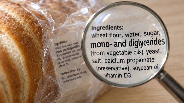 Sliced white bread in a plastic bag, with a magnifying glass over the ingredient label showing mono- and diglycerides