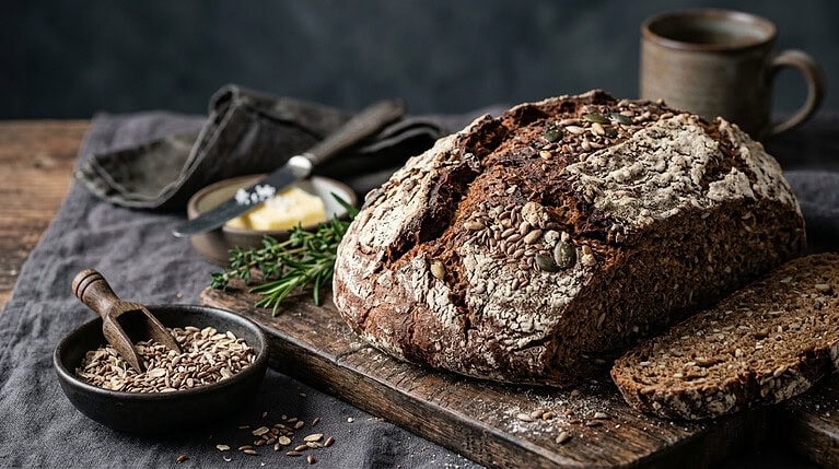 A seeded rye loaf on a wooden board with a cut slice and a small bowl of seeds