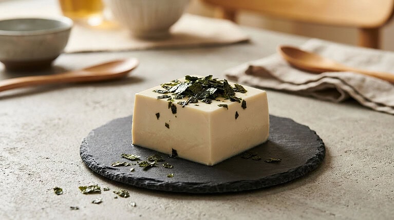 A block of pale firm tofu topped with torn nori on a round slate board, with a wooden spoon, a folded linen napkin and a small ceramic bowl behind it on a stone counter