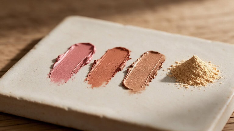 Three swatches of cream makeup in rose, terracotta and warm bronze beside a small mound of golden-beige loose powder on a pale stoneware tile