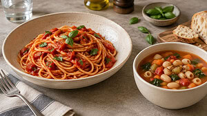 Spaghetti in tomato sauce with fresh basil in a pale stoneware bowl, beside a bowl of minestrone with white beans, short pasta, carrot and greens, with sliced bread and olive oil behind