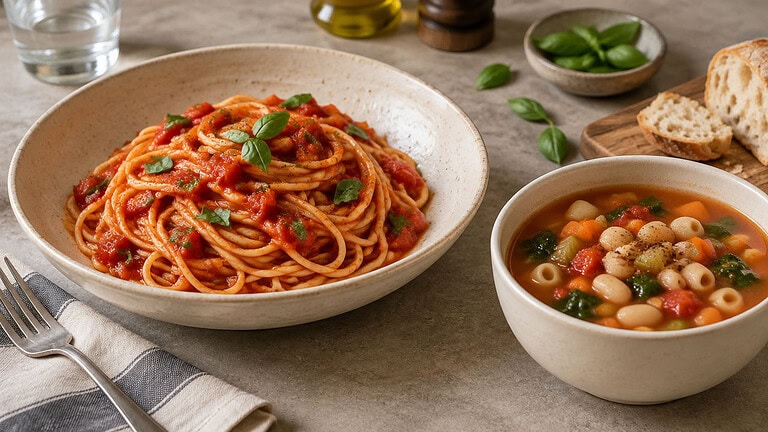 Spaghetti in tomato sauce with fresh basil in a pale stoneware bowl, beside a bowl of minestrone with white beans, short pasta, carrot and greens, with sliced bread and olive oil behind