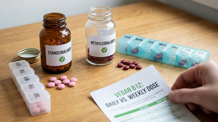 Two vitamin B12 supplement forms, cyanocobalamin and methylcobalamin, compared for a vegan choosing a daily or weekly dose.