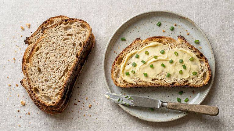 A slice of sourdough bread spread with pale yellow vegan butter and chopped chives on a speckled stoneware plate, a butter knife beside it and two more slices on a linen cloth